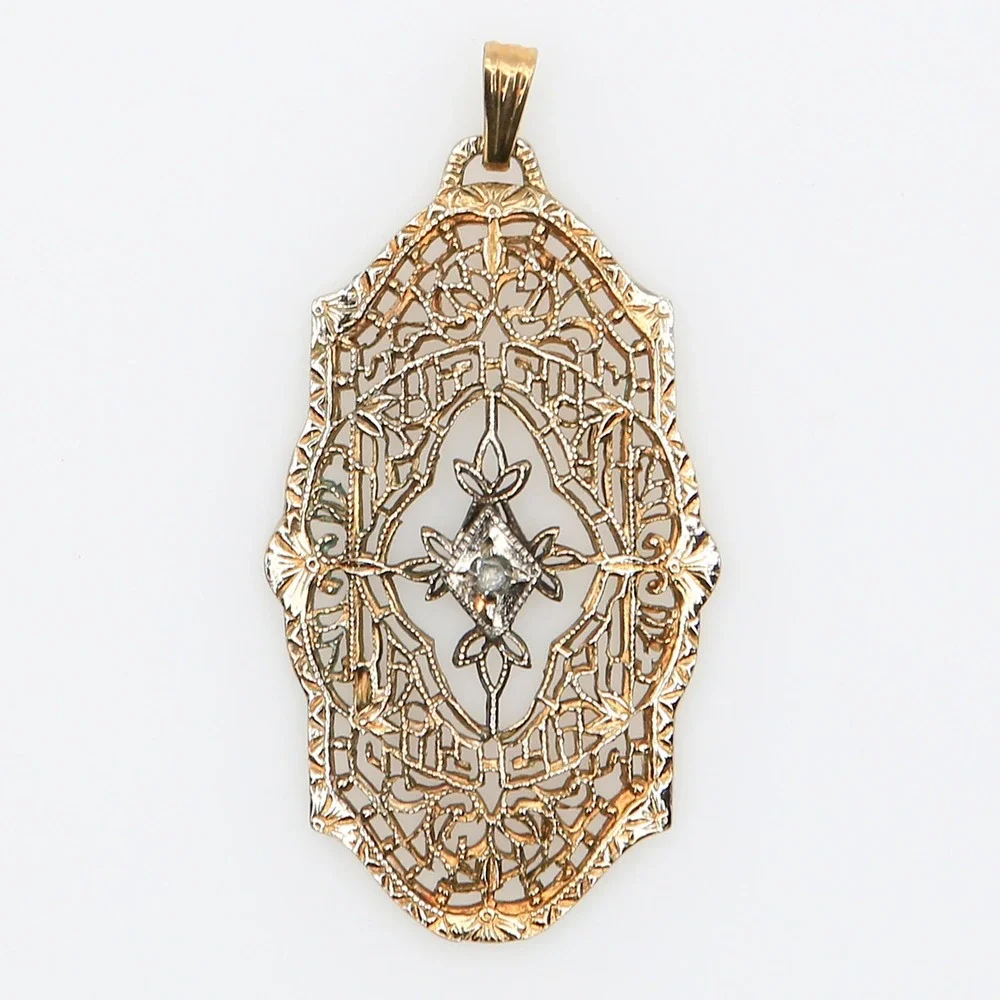Antique Art Deco 12K GFK Filigree Pendant Diamond Accent 1930s